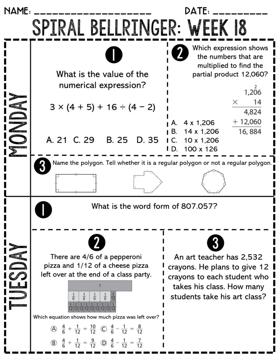 Spiral bellringer Week 18, Monday and Tuesday: order of operations, partial products, regular polygons, decimal word form