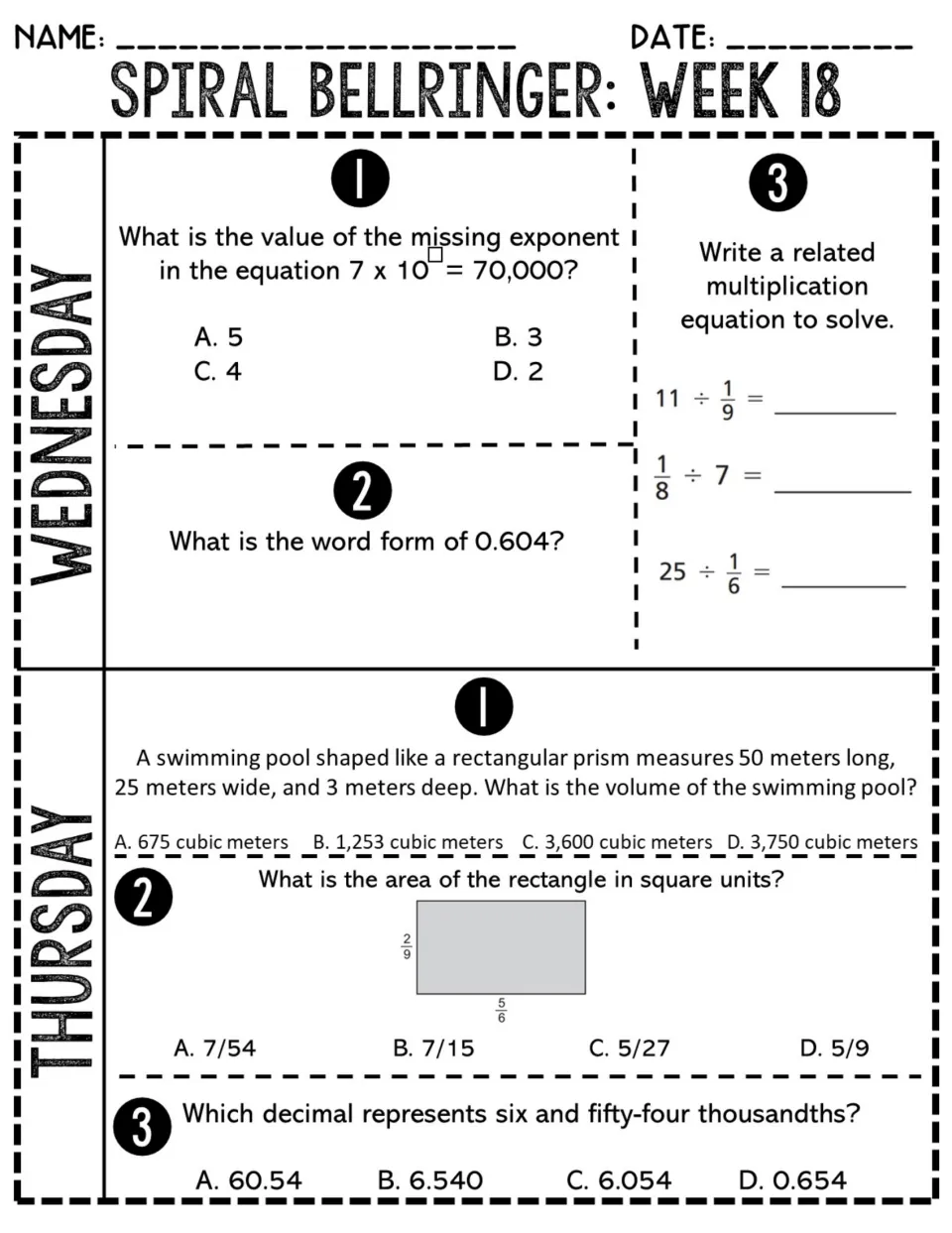 Week 18 Wednesday and Thursday review: missing exponent, dividing fractions, prism volume, fraction area, decimals