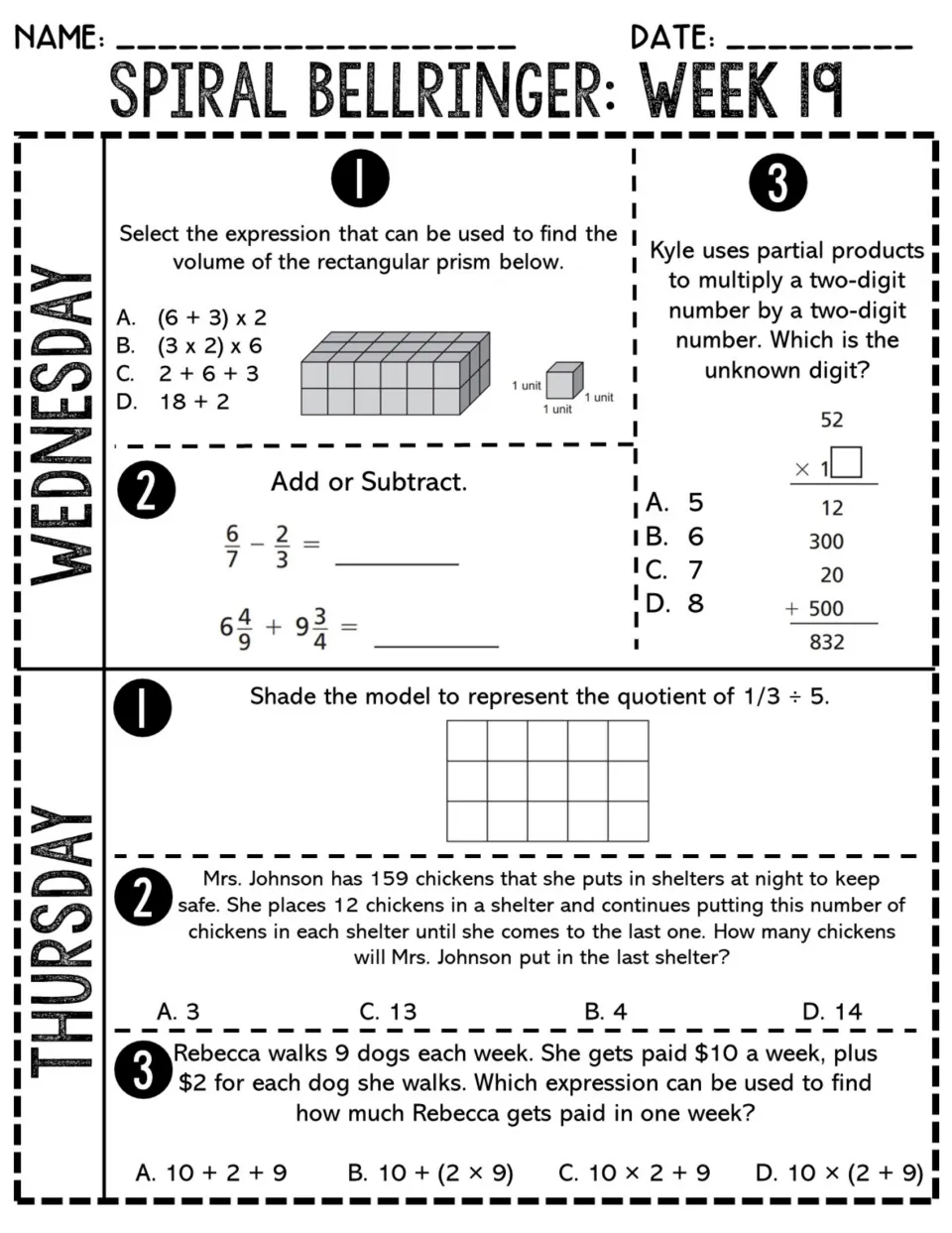Week 19 Wednesday and Thursday review: prism volume expression, adding mixed numbers, shading 1/3 ÷ 5, remainders