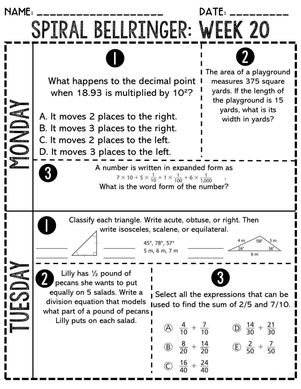 Week 20 Monday and Tuesday review: powers of 10, width from area, expanded form, classifying triangles, adding fractions