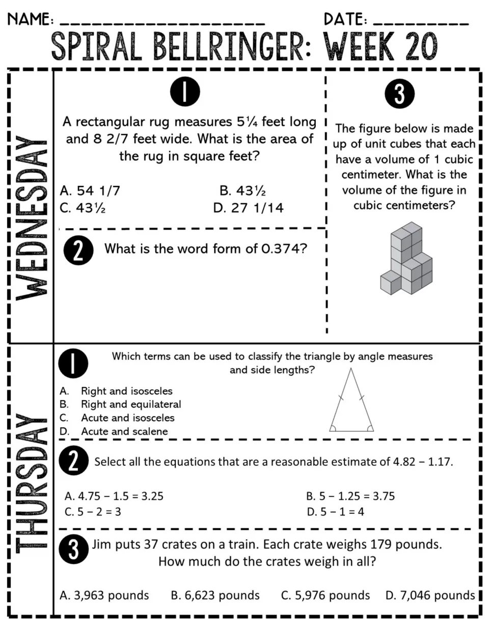 Week 20 Wednesday and Thursday review: rug area, unit cube volume, triangle types, estimating differences, multiplying