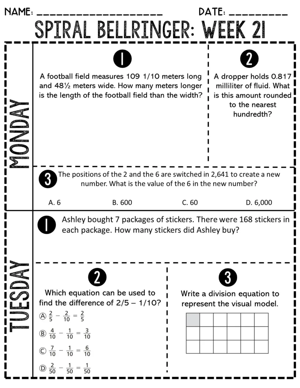 Week 21 Monday and Tuesday review: subtracting mixed numbers, rounding 0.817, place value, 7 x 168, fraction division