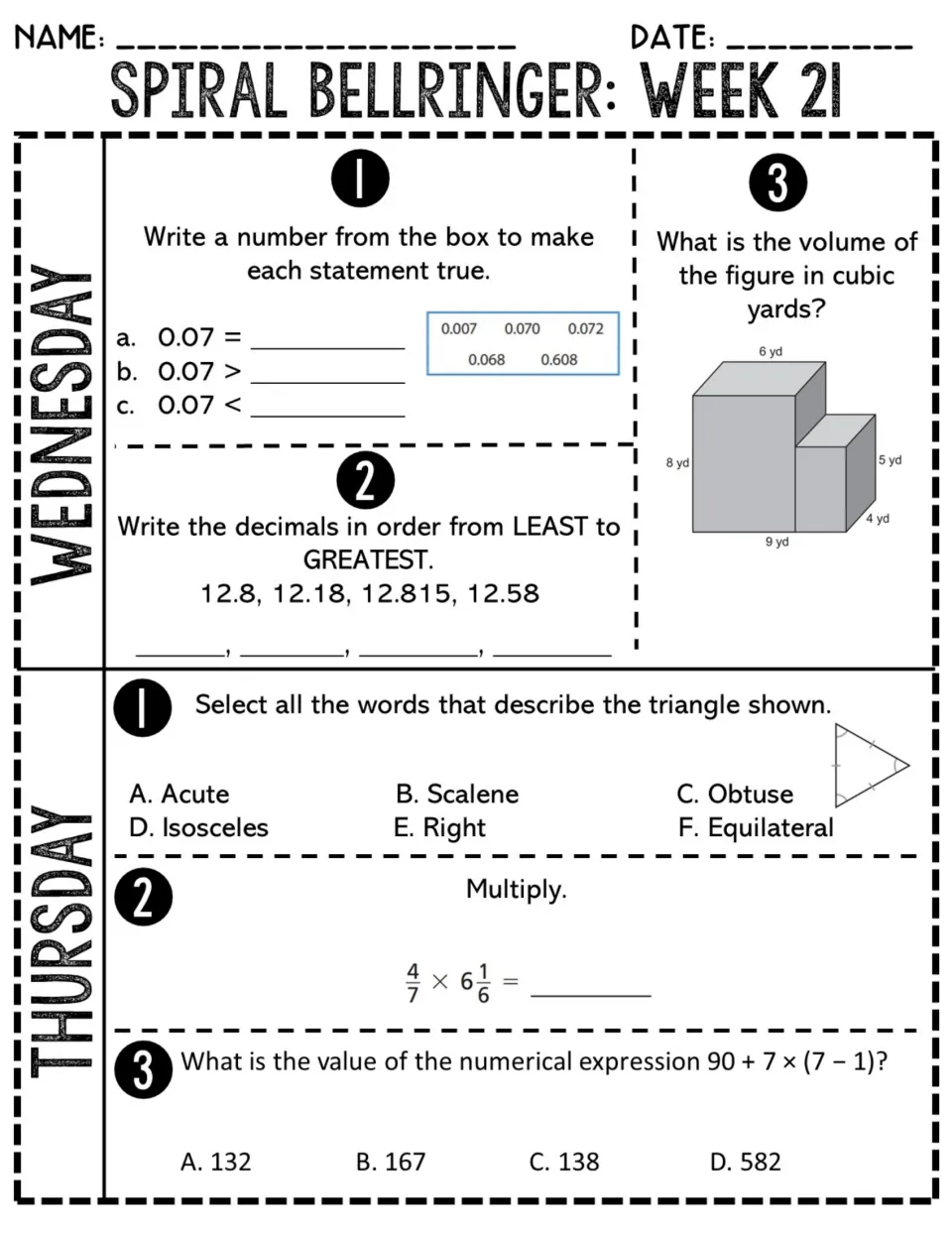 Week 21 Wednesday and Thursday review: comparing and ordering decimals, composite volume, triangles, fraction products