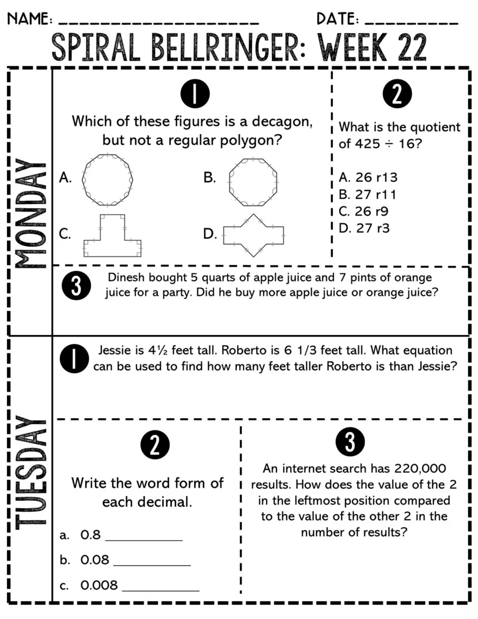 Week 22 Monday and Tuesday review: irregular decagons, 425 ÷ 16, quarts versus pints, height difference, decimal word form