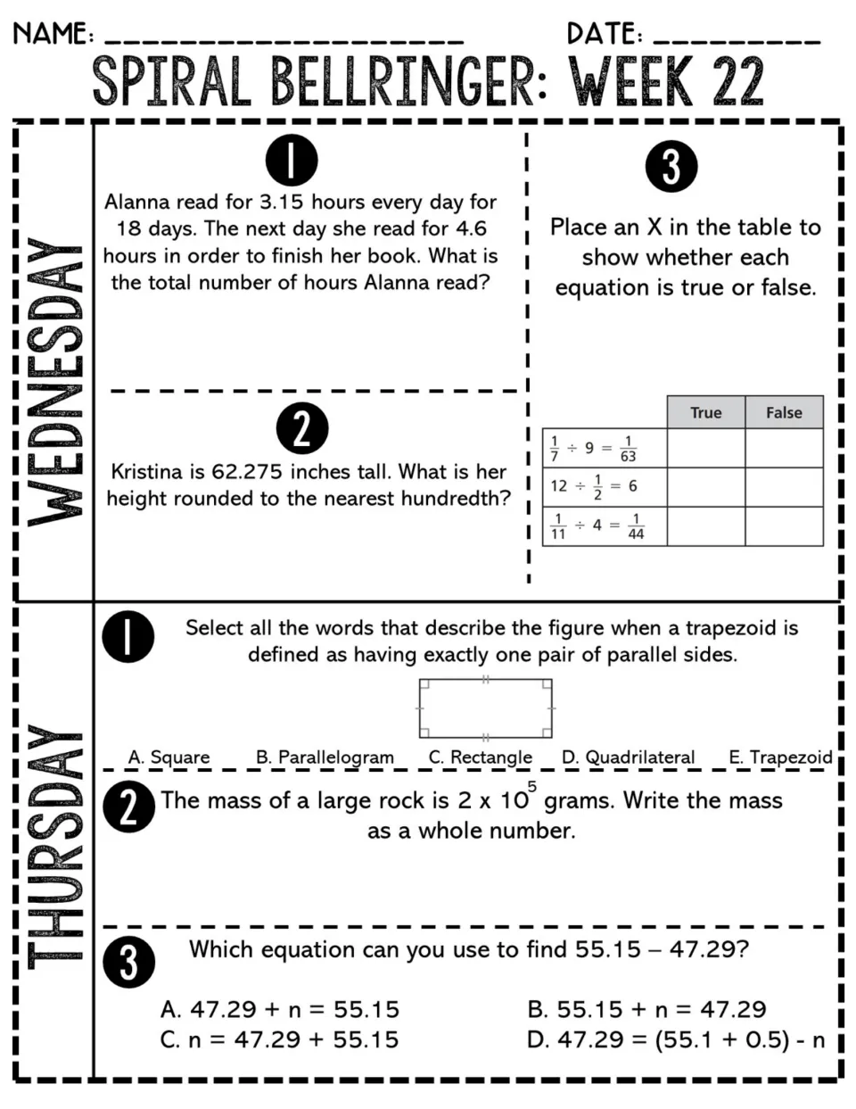 Week 22 Wednesday and Thursday review: decimal sums, rounding, fraction division true/false, quadrilaterals, exponents