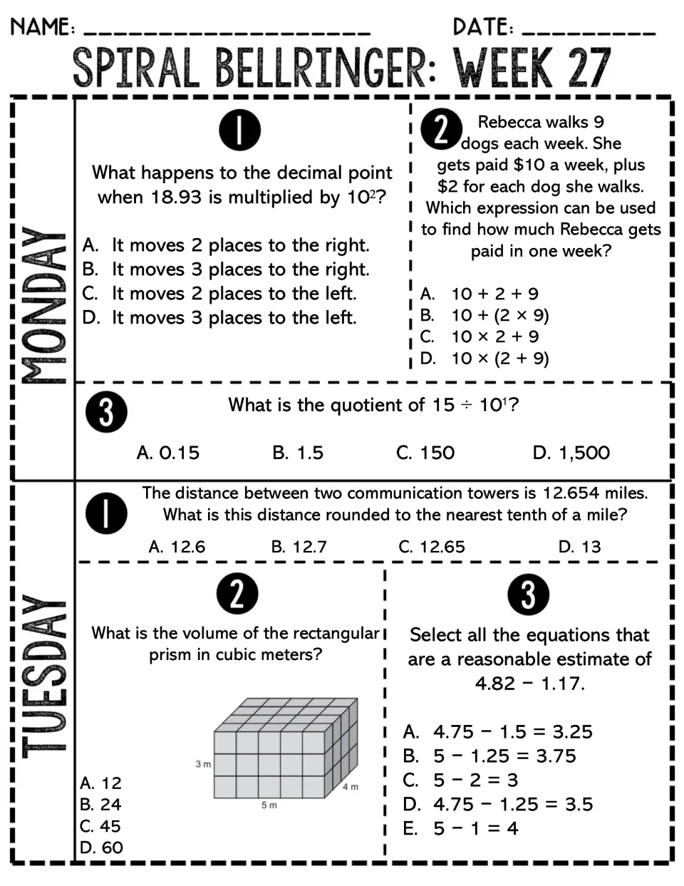 Week 27 Monday-Tuesday bellringer: students multiply by powers of 10, round decimals and find a rectangular prism's volume