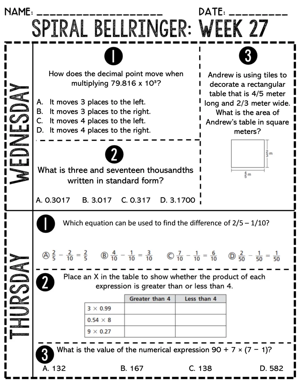 Week 27 Wednesday-Thursday review: decimal point moves, area with fractions, estimating products and order of operations
