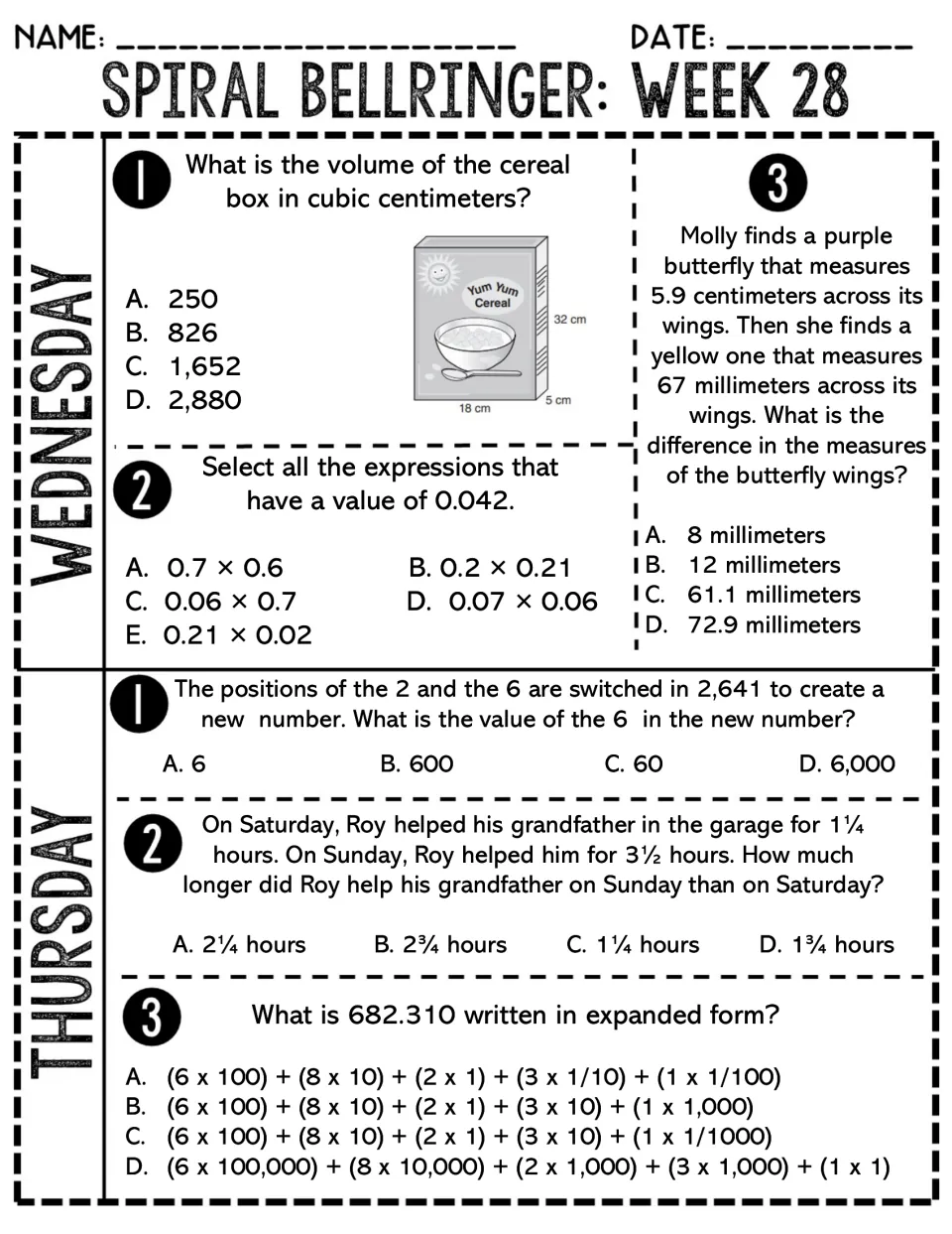 Week 28 Wednesday-Thursday set: cereal box volume, multiplying decimals, metric conversion, place value and expanded form