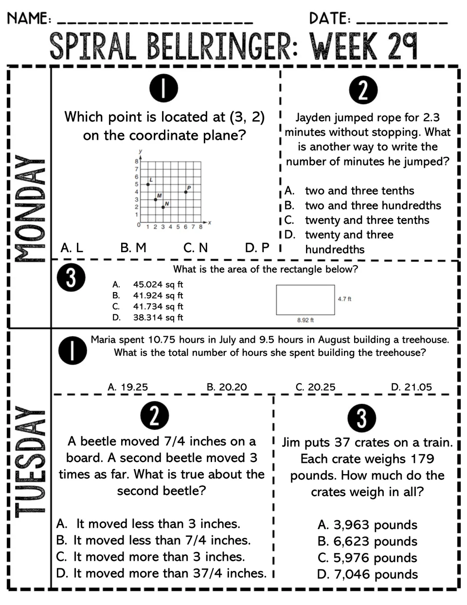 Week 29 Monday-Tuesday items: locating (3, 2), decimals in word form, rectangle area, adding hours and crate weight totals