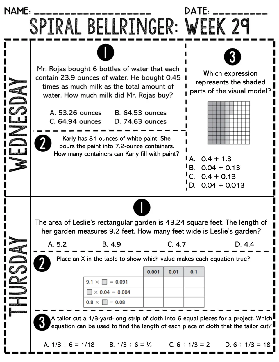 Week 29 Wednesday-Thursday: decimal multiplication and division stories, shaded hundredths model, unit fraction division