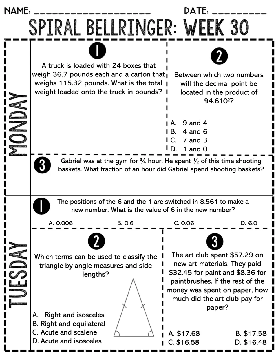 Week 30 Monday-Tuesday problems: truck weight, fraction of an hour, digit value swaps, classifying a triangle, money left