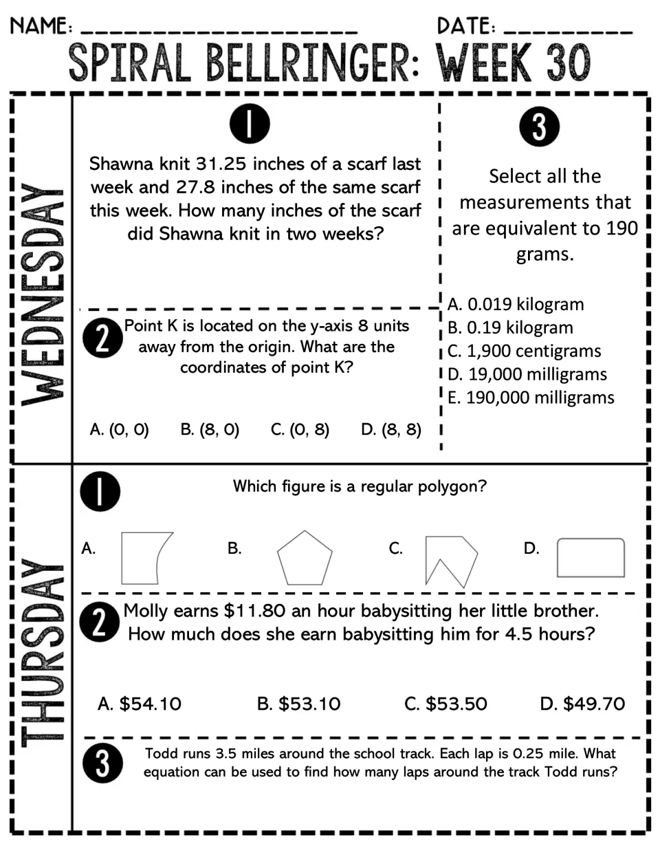 Week 30 Wednesday-Thursday: adding decimal lengths, y-axis coordinates, gram equivalents, regular polygon, babysitting pay