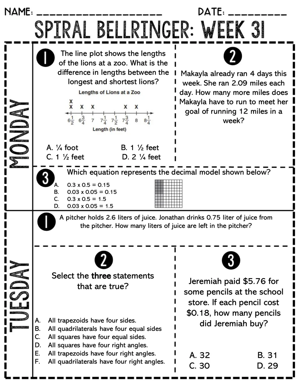 Week 31 Monday-Tuesday: lion line plot, miles still to run, a decimal grid model, liters left and quadrilateral statements