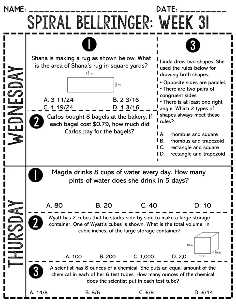 Week 31 Wednesday-Thursday: rug area with mixed numbers, bagel cost, shape rules, cups to pints and cube volume