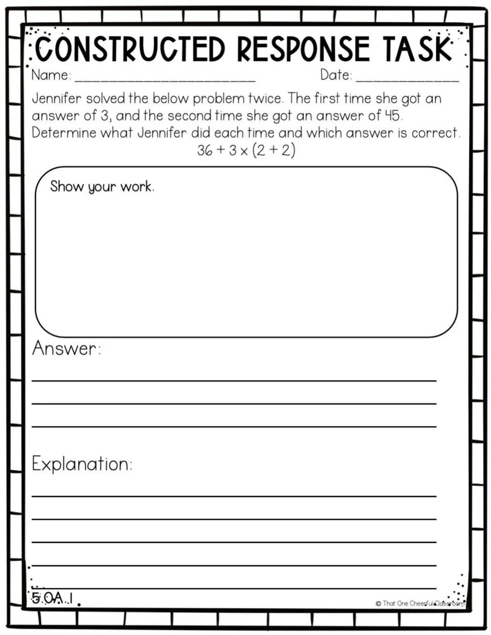 Order of operations: students explain why Jennifer got 3 and 45 for 36 + 3 x (2 + 2) and decide which answer is right