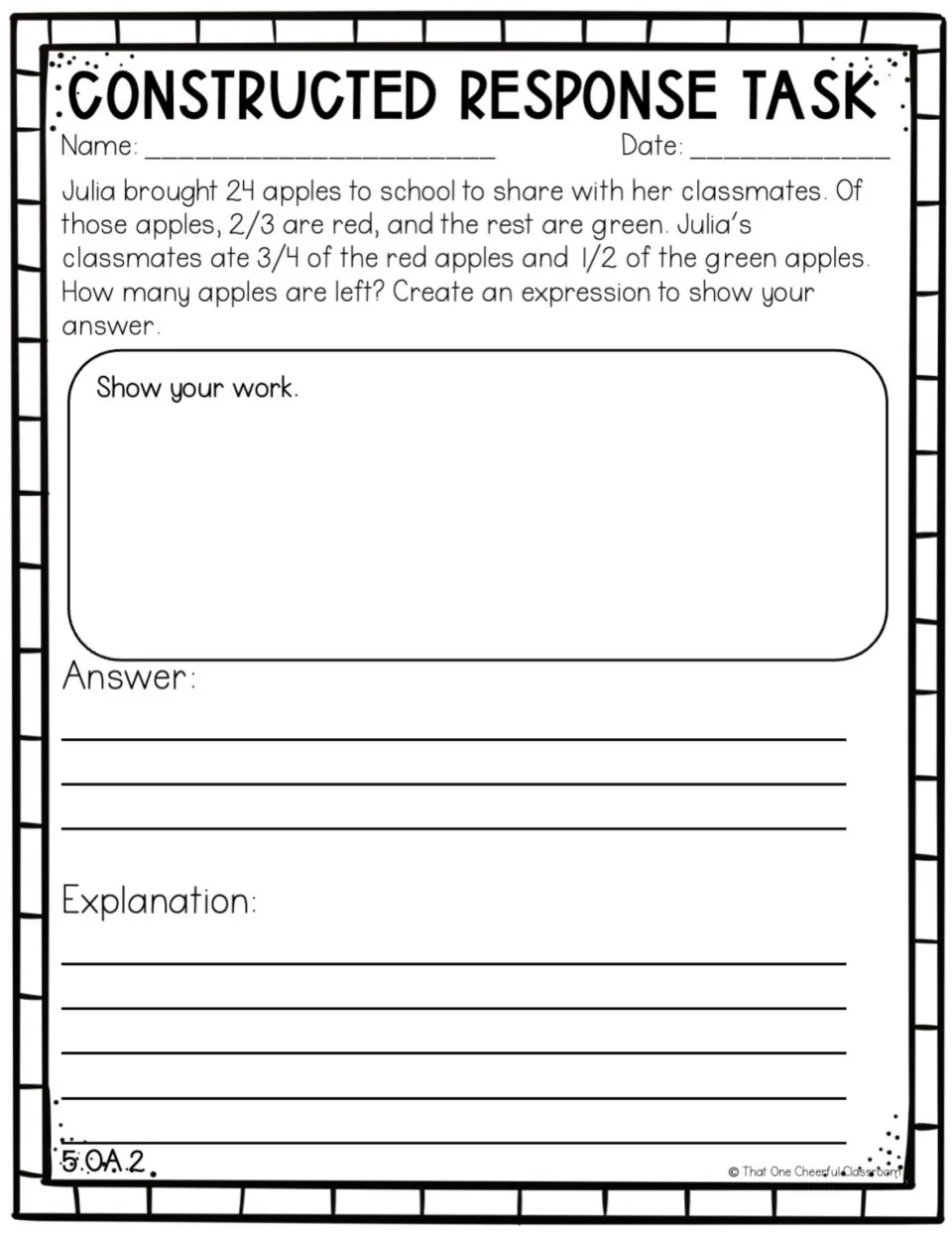 Fraction word problem: students write an expression to find how many of Julia's 24 red and green apples are left