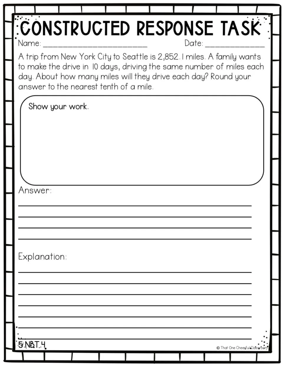 Rounding decimals: students divide a 2,852.1-mile trip over 10 days and round miles per day to the nearest tenth