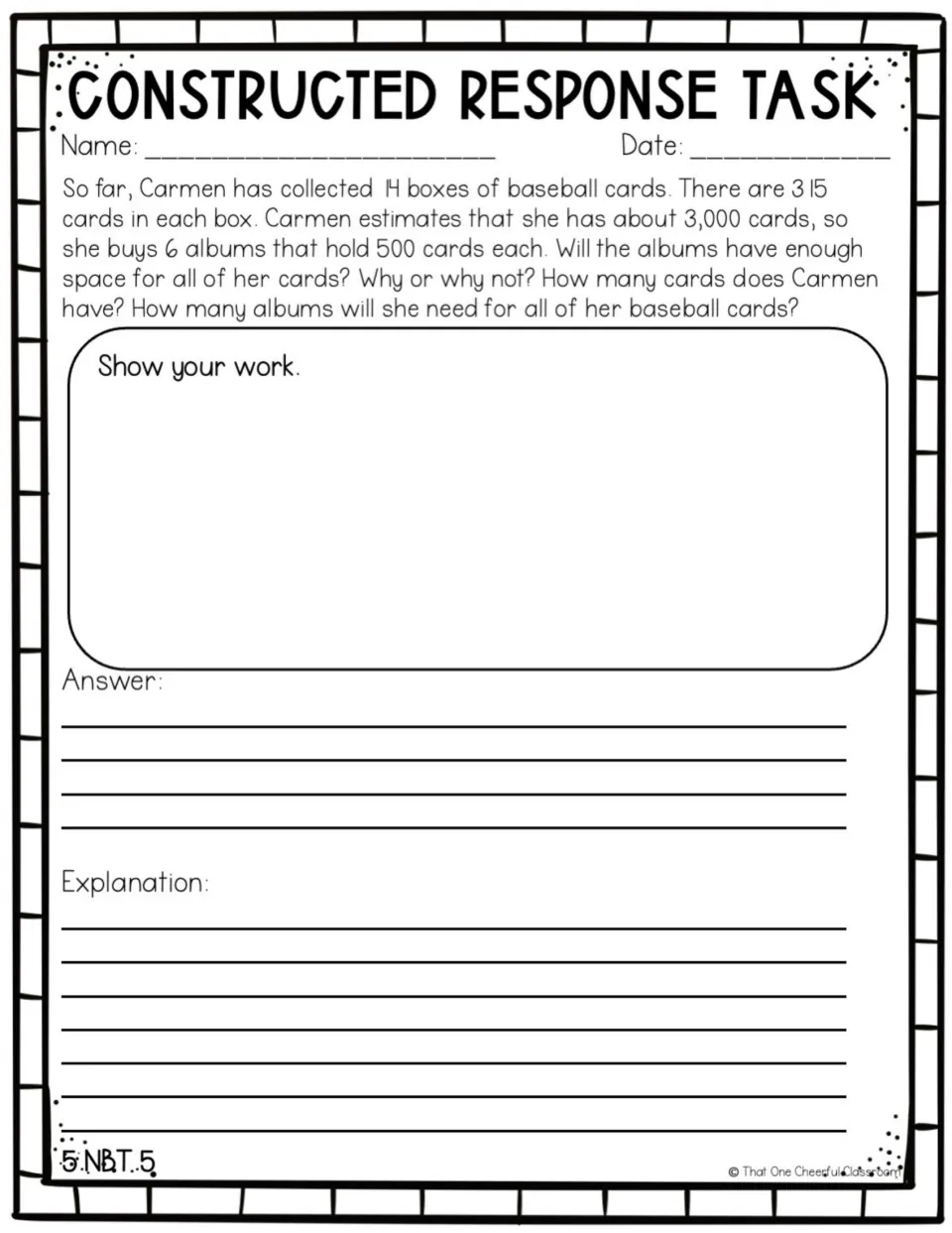 Multi-digit multiplication: students find Carmen's total of 14 boxes of 315 cards and how many 500-card albums fit