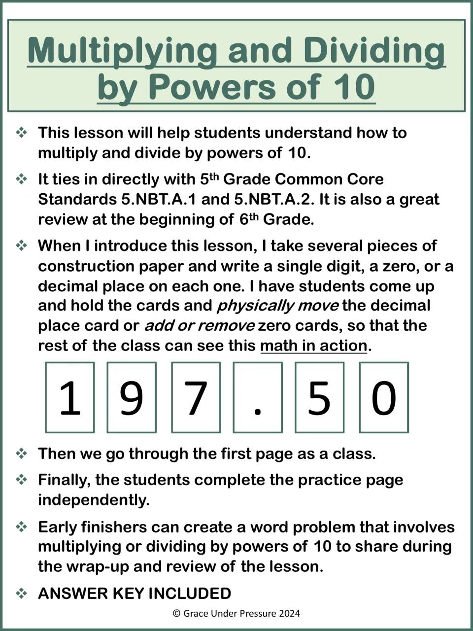 Teacher lesson plan for multiplying and dividing by powers of 10: digit cards 1 9 7 . 5 0 model moving the decimal point