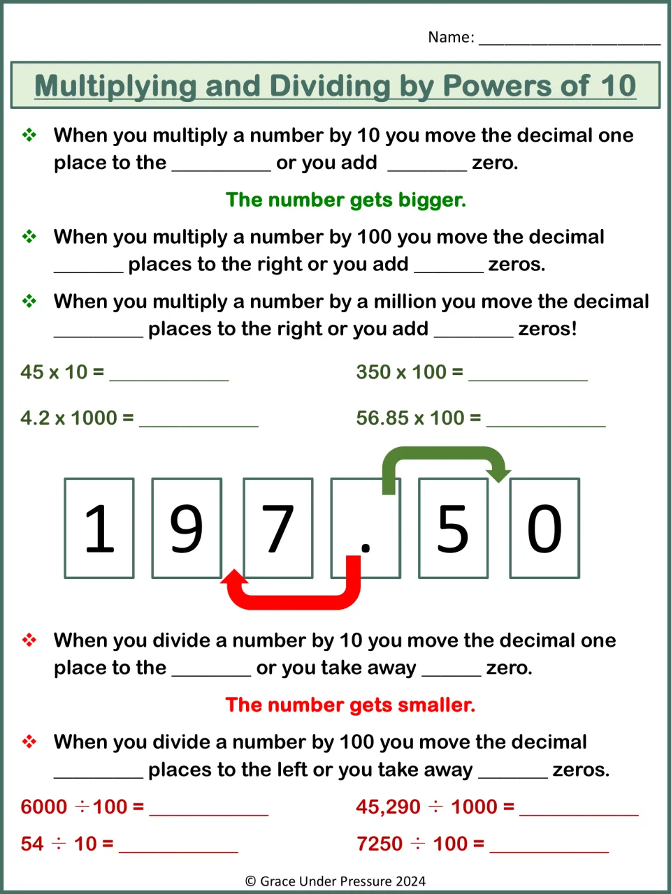 Powers of 10 guided notes: students fill in rules for moving the decimal right or left, then solve 8 multiply/divide items