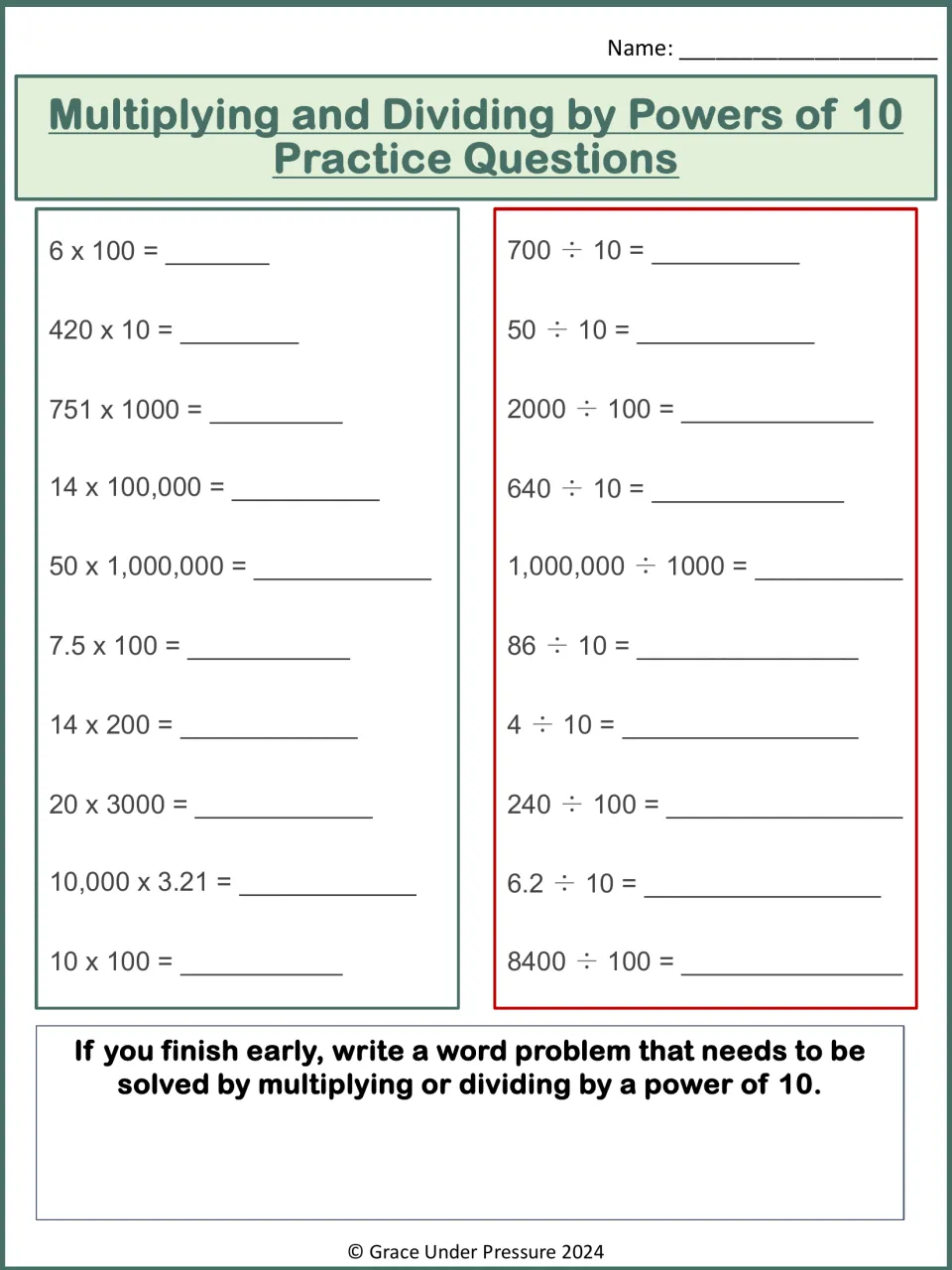 Powers of 10 practice: students solve 10 multiplication and 10 division problems, then write a word problem if finished early