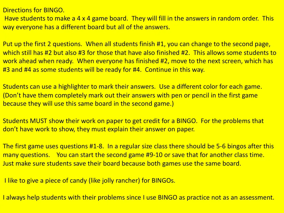 Bingo teacher directions explain board setup, question pacing, highlighting answers, and showing work