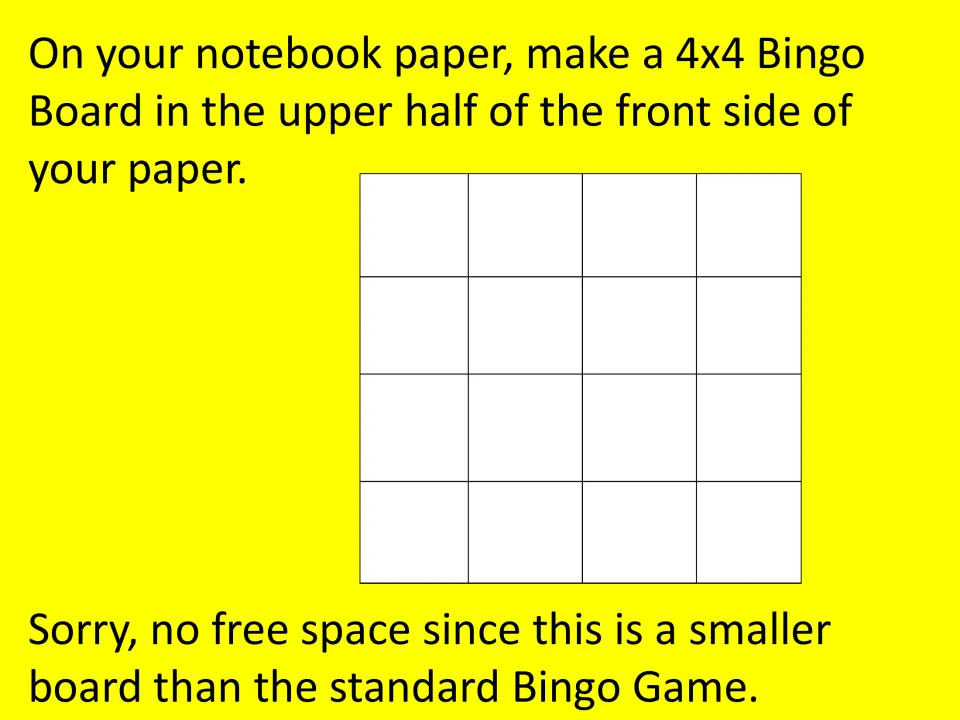 Bingo setup directions tell students to draw a 4-by-4 board on notebook paper without a free space