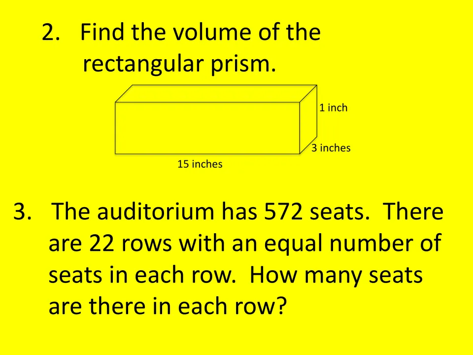 Bingo questions 2–3 review a 15-by-3-by-1-inch prism's volume and divide 572 auditorium seats into 22 rows