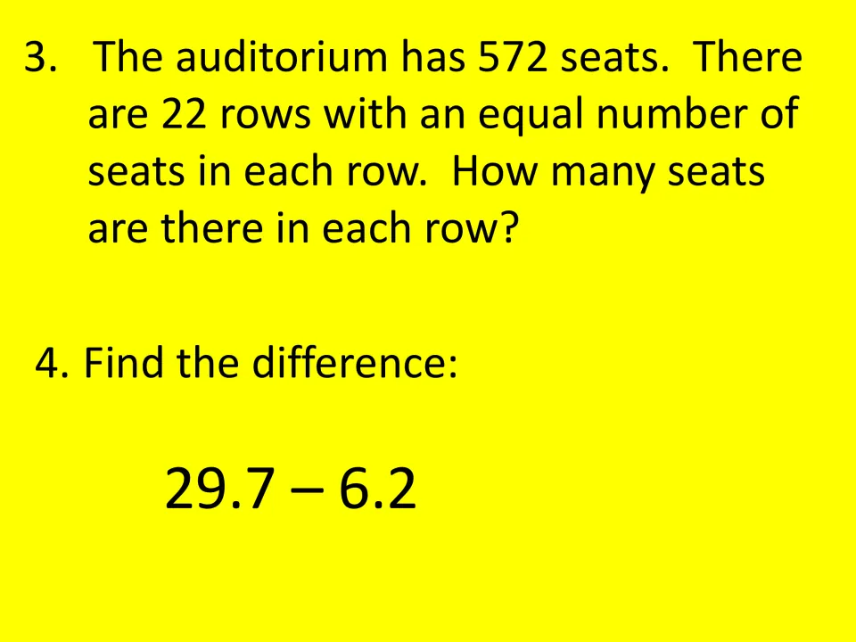 Bingo questions 3–4 ask for seats per row when 572 seats fill 22 equal rows and the difference 29.7 − 6.2
