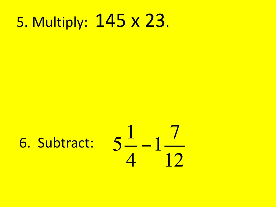 Bingo questions 5–6 ask students to multiply 145 × 23 and subtract the mixed numbers 5 1/4 − 1 7/12