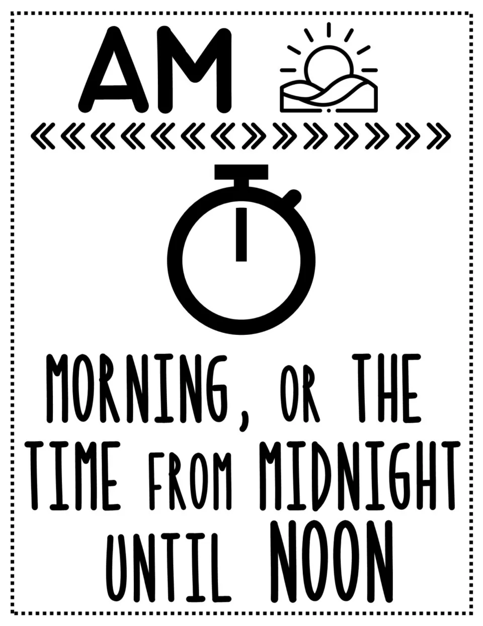 AM word wall card defining morning as the time from midnight until noon, with a sun and timer illustration