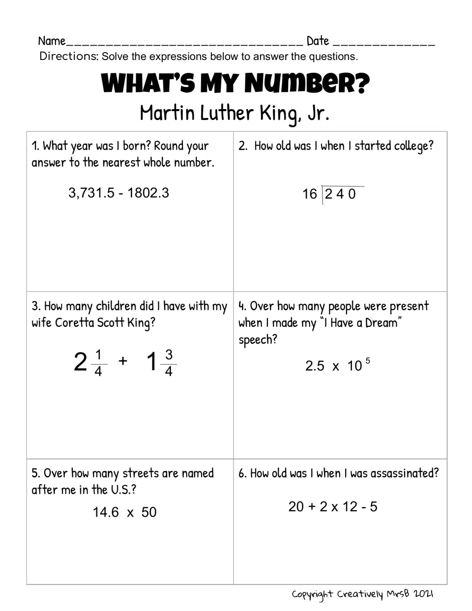 What's My Number? MLK, Jr.: students solve 6 expressions with decimals, mixed numbers and division to answer facts