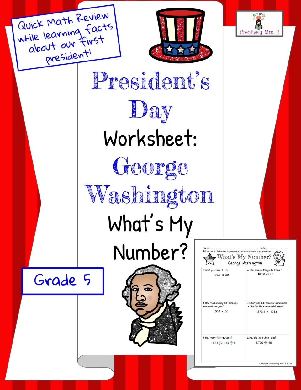 President's Day George Washington What's My Number? cover: Grade 5 math review with facts about the first president