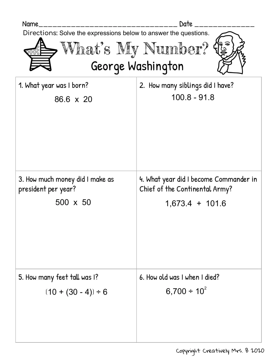 George Washington facts: students multiply, subtract and add decimals and use exponents and brackets in 6 expressions