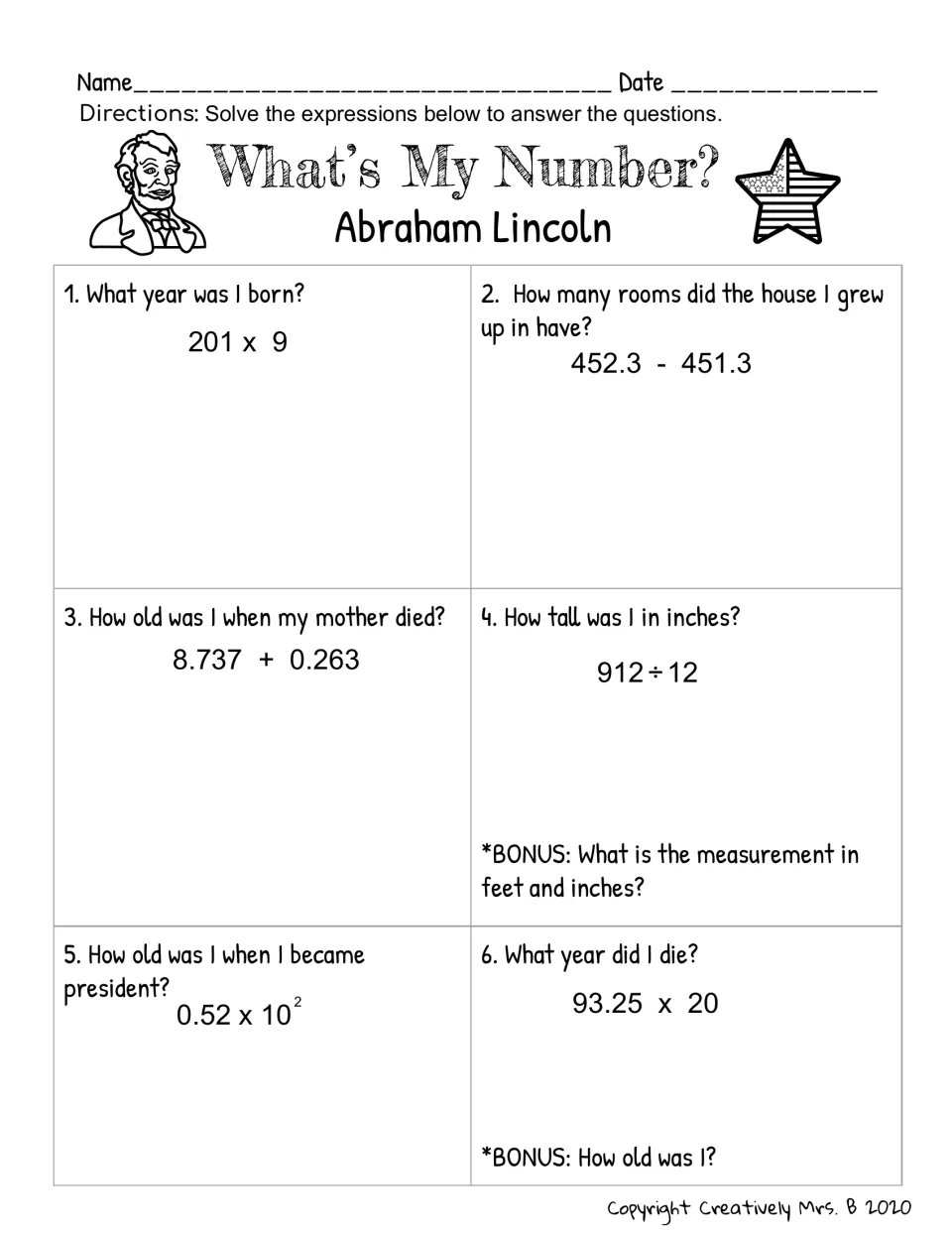 Abraham Lincoln facts: students solve 6 decimal, division and power-of-ten expressions, plus bonus feet-and-inches items