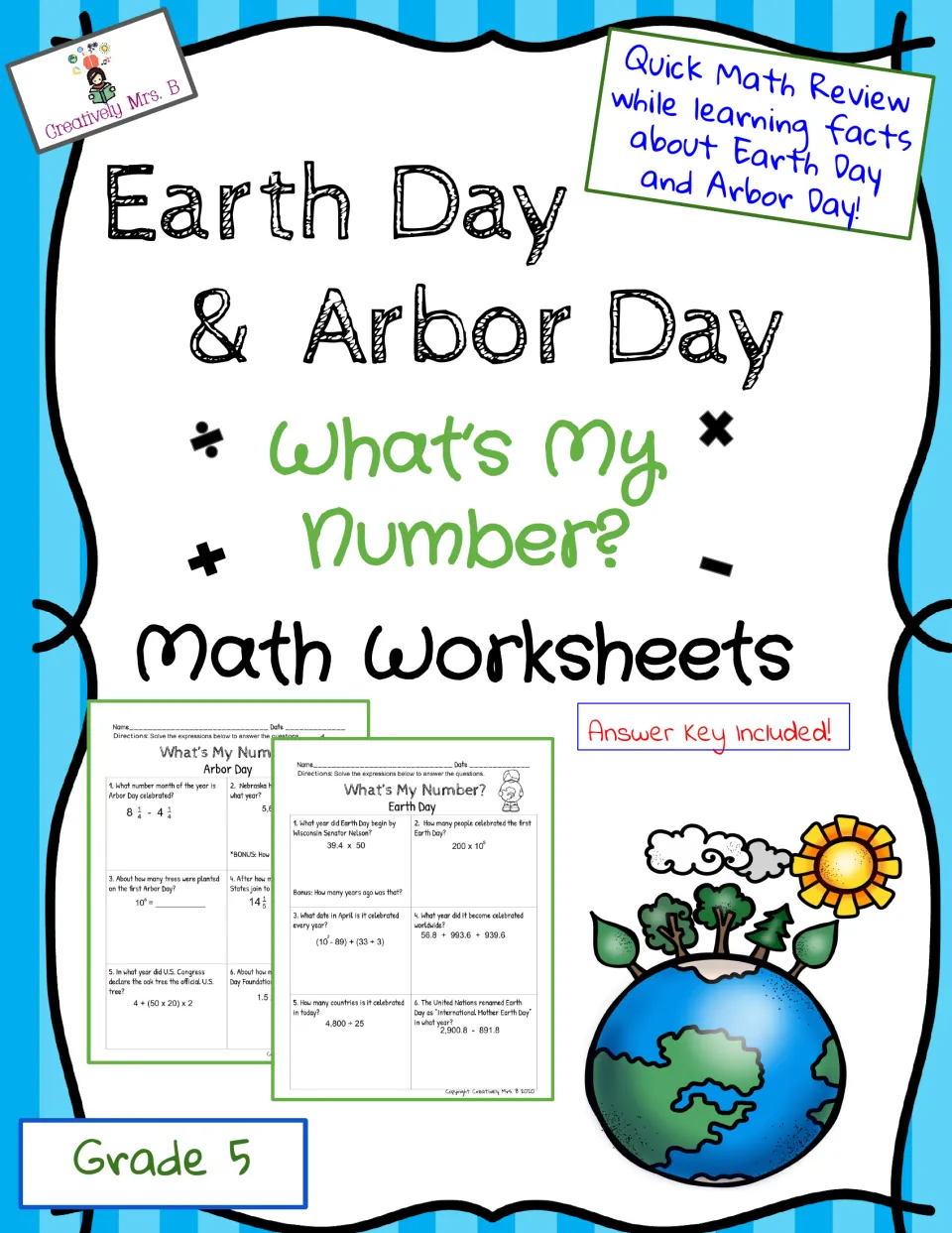 Earth Day & Arbor Day What's My Number? math worksheets cover for Grade 5, noting an answer key is included