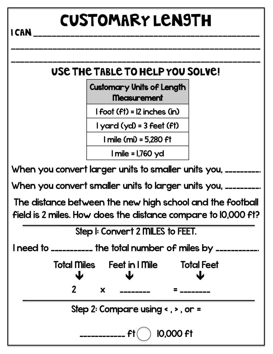 Customary length guided notes: unit conversion table and steps to convert 2 miles and compare to 10,000 feet