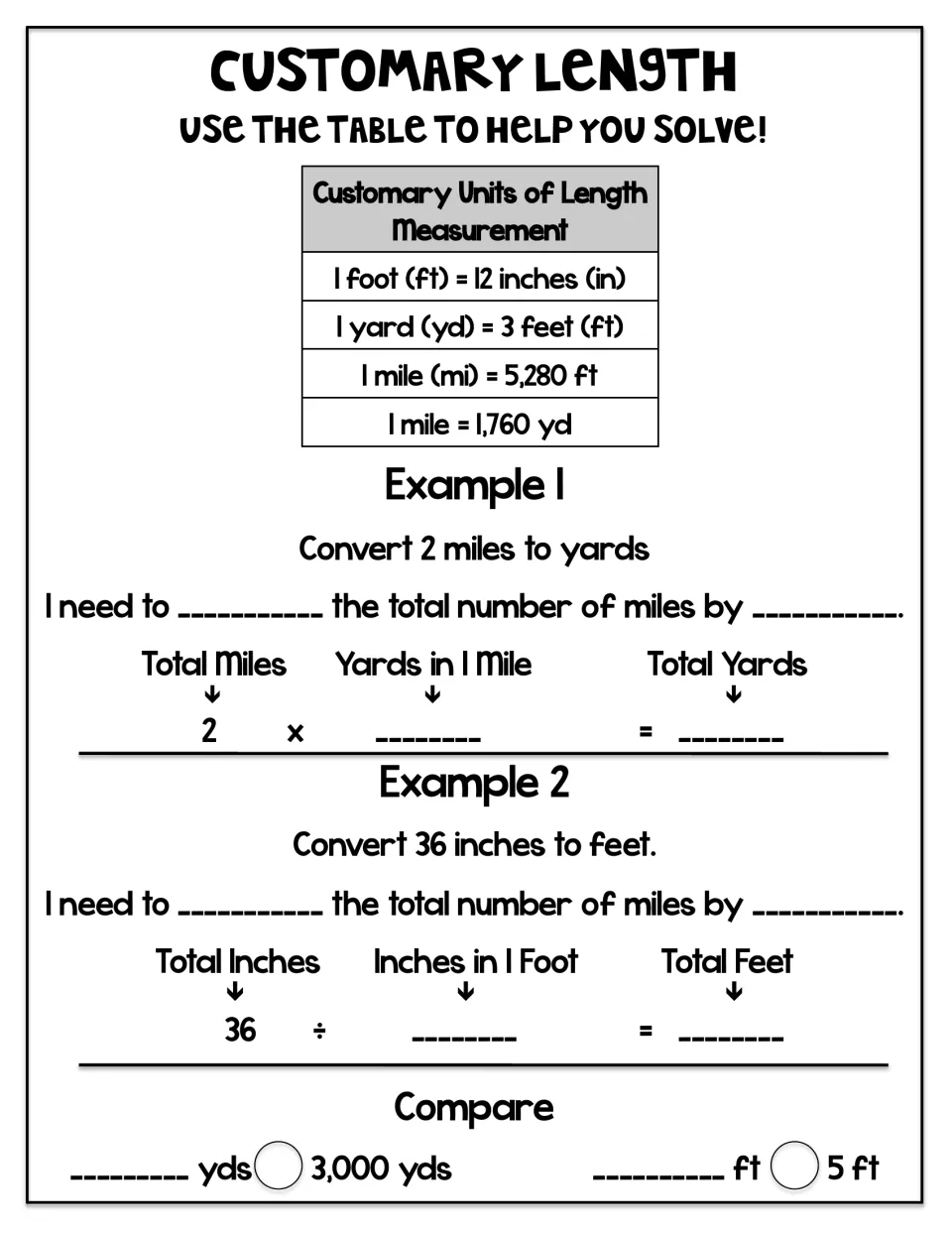 Customary length examples: convert 2 miles to yards and 36 inches to feet, then compare the measurements