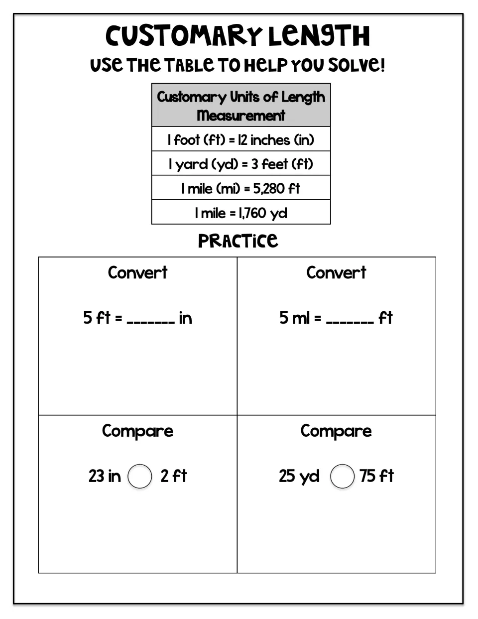 Customary length practice: convert 5 feet to inches and 5 miles to feet, then complete two comparisons