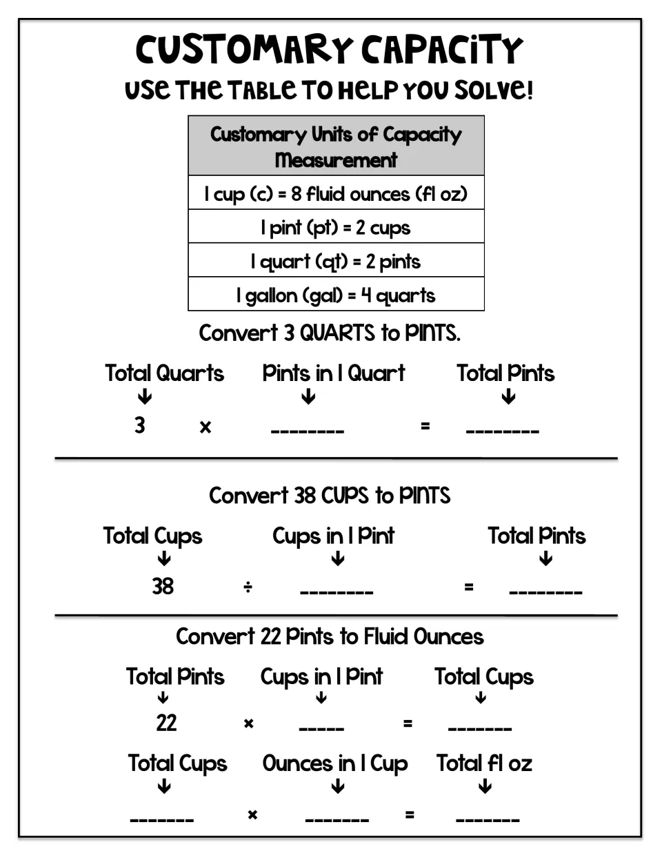Customary capacity examples: convert 3 quarts to pints, 38 cups to pints, and 22 pints to fluid ounces