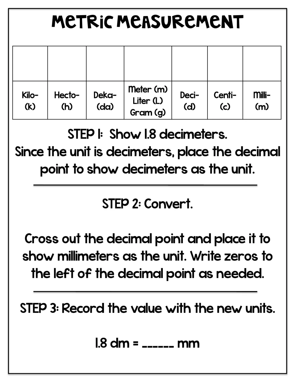 Metric conversion guided notes: use a place-value chart and decimal placement to convert 1.8 dm to mm