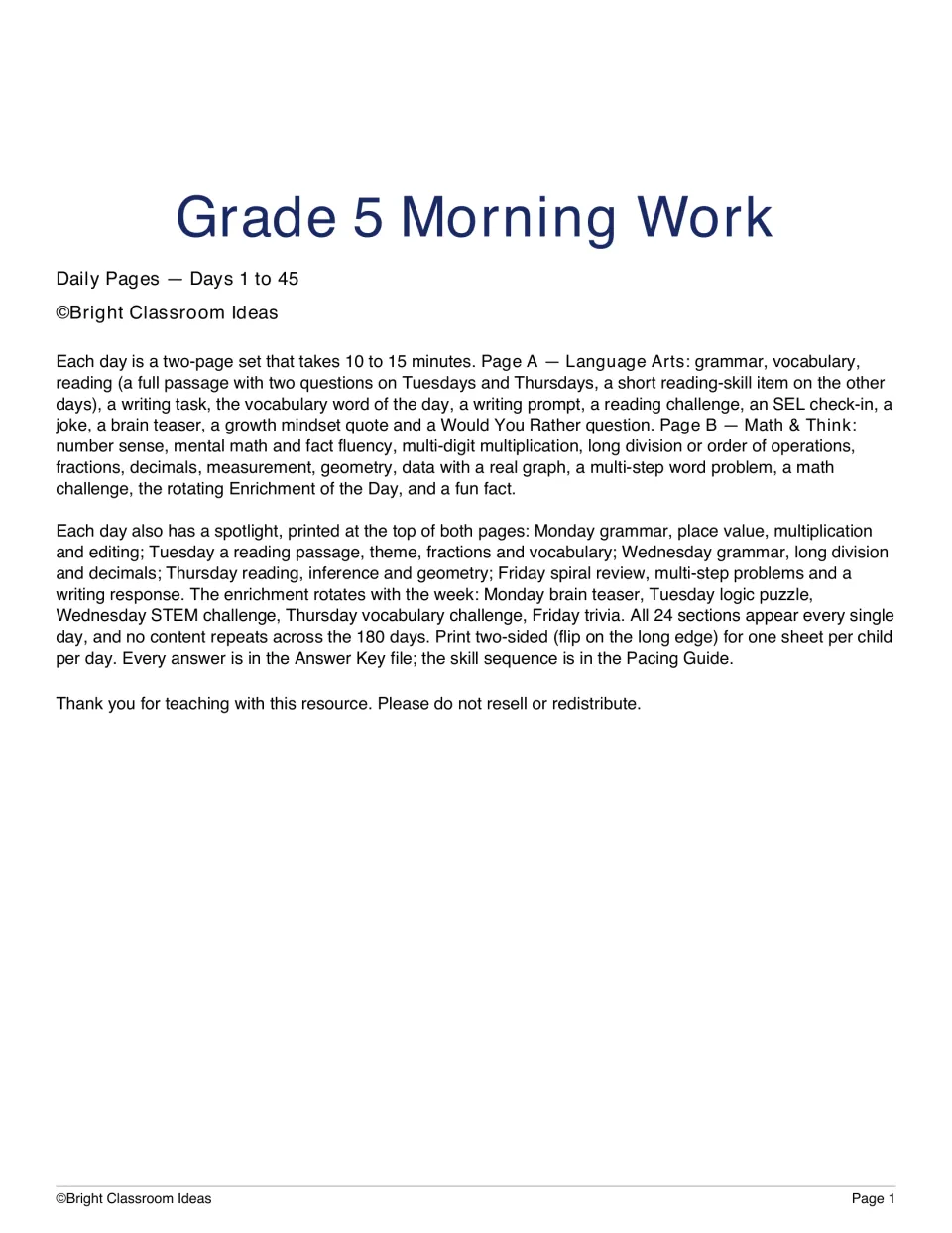 Grade 5 Morning Work title page for Days 1 to 45, explaining the two-page daily set: Language Arts and Math & Think