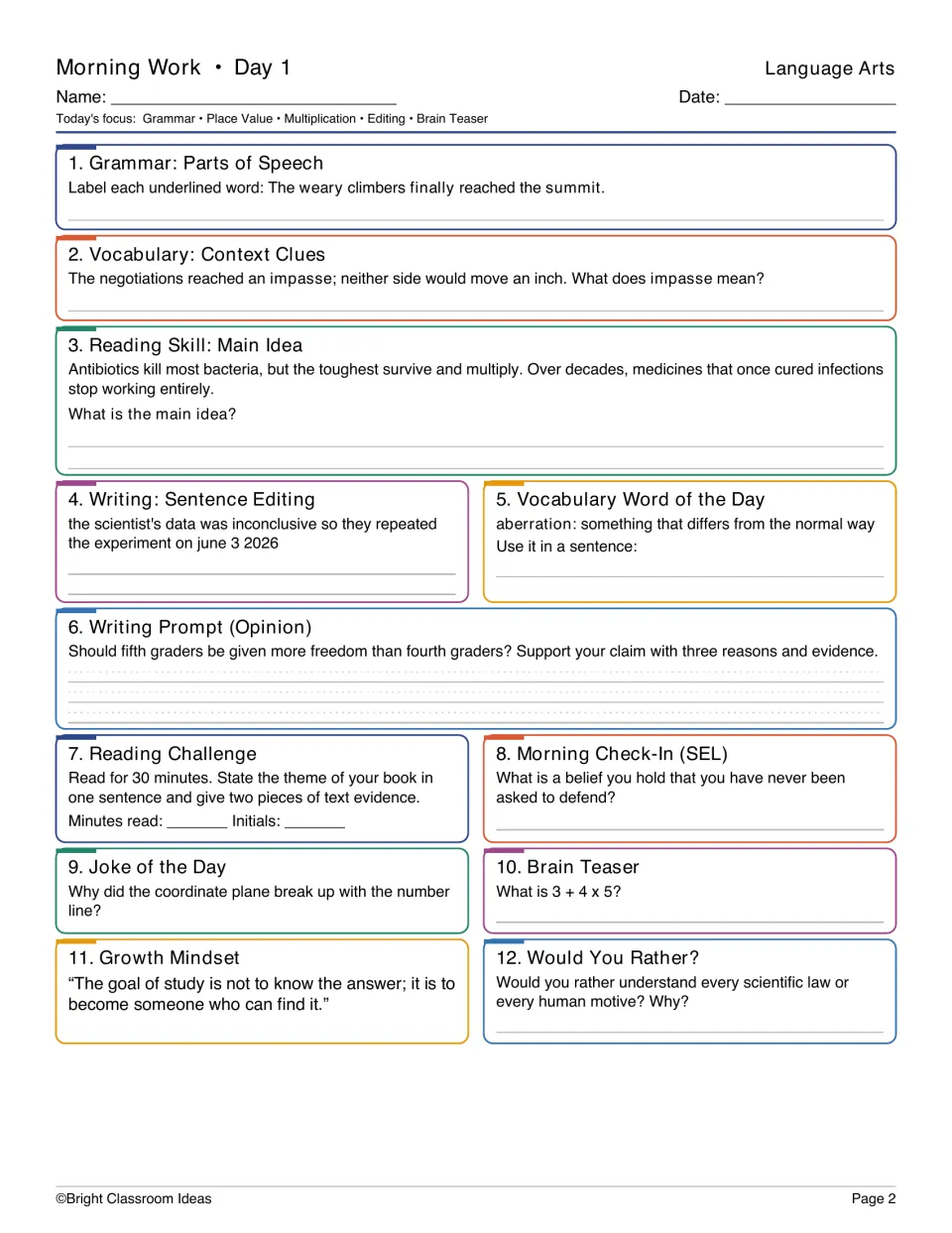 Day 1 Language Arts: students label parts of speech, use context clues for impasse, find a main idea and edit a sentence