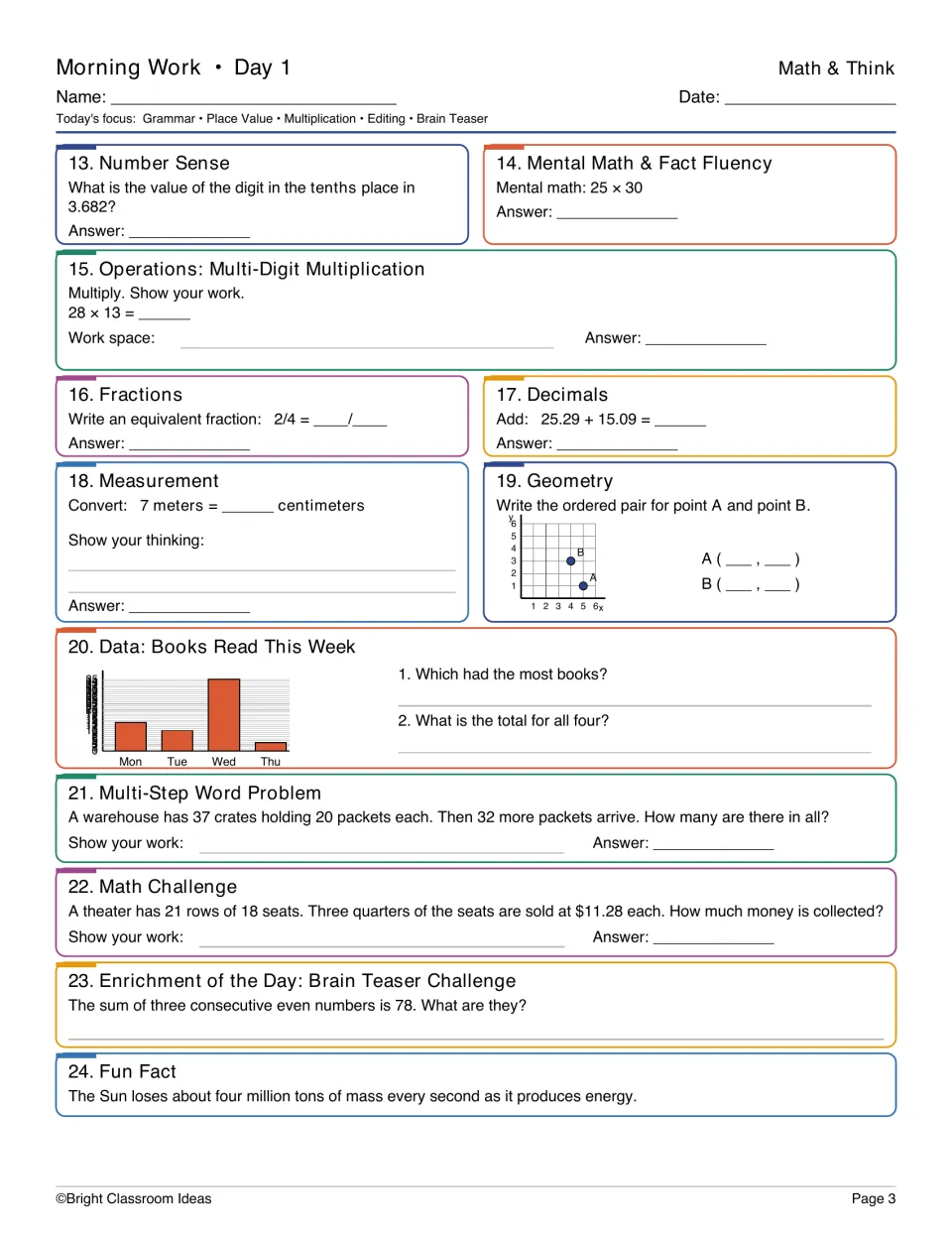 Day 1 Math & Think: students multiply 28 × 13, find ordered pairs for points A and B, and read a books-read bar graph