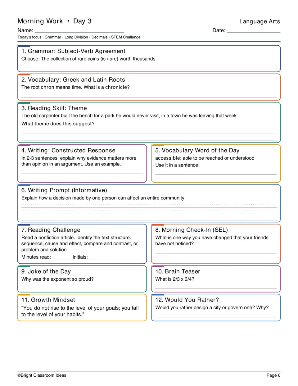 Day 3 Language Arts: students practise subject-verb agreement, the root chron, theme and a constructed response