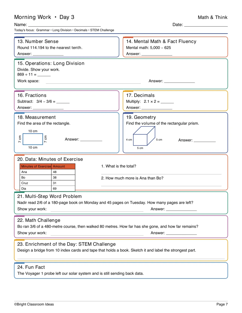 Day 3 Math & Think: students divide 869 ÷ 11, find rectangle area and prism volume, and total an exercise data table