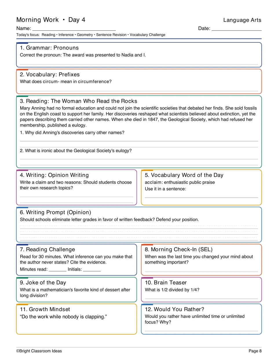 Day 4 Language Arts: students correct pronouns, define circum-, and answer questions on a Mary Anning fossil passage