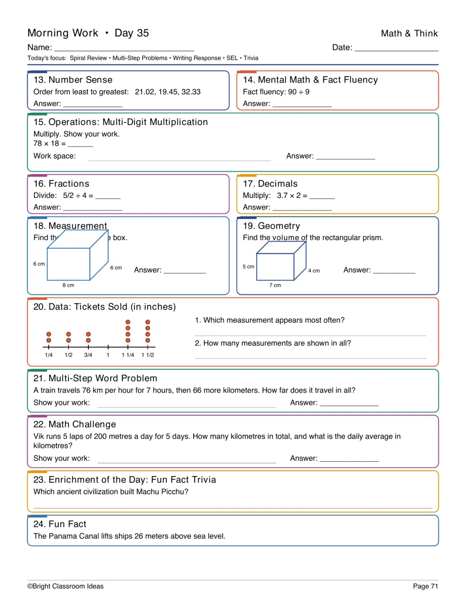 Day 35 Math & Think spiral review: students multiply 78 × 18, divide 5/2 ÷ 4, find two box volumes and read a line plot