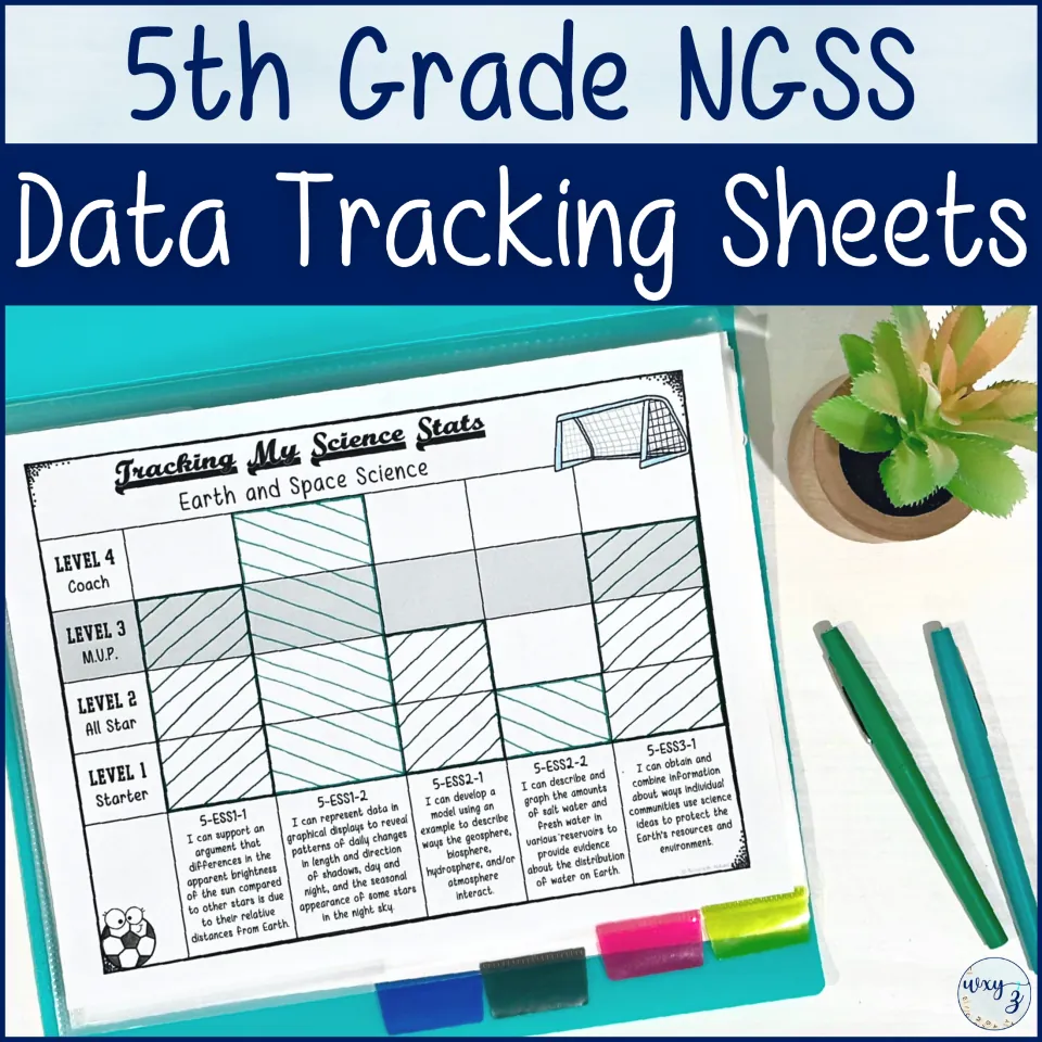 Cover: NGSS data tracking sheets, shown with an Earth and Space Science chart shaded as a bar graph across levels 1-4