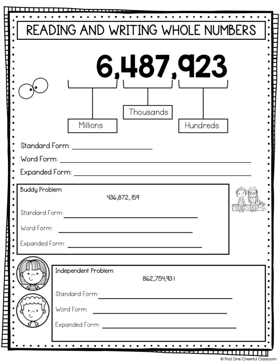 Reading and writing whole numbers: students write 6,487,923 and two larger numbers in standard, word and expanded form